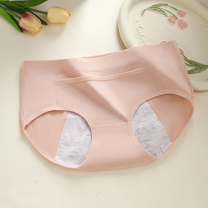 Moteriškos medvilninius menstruacijų kelnaitės, trijų sluoksnių apsauga nuo nutekėjimo, antibakterinės, vidutinio pločio liemuo; išorė 95% medvilnė, intymi danga 100% medvilnė