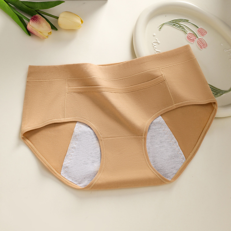 Moteriškos medvilninius menstruacijų kelnaitės, trijų sluoksnių apsauga nuo nutekėjimo, antibakterinės, vidutinio pločio liemuo; išorė 95% medvilnė, intymi danga 100% medvilnė