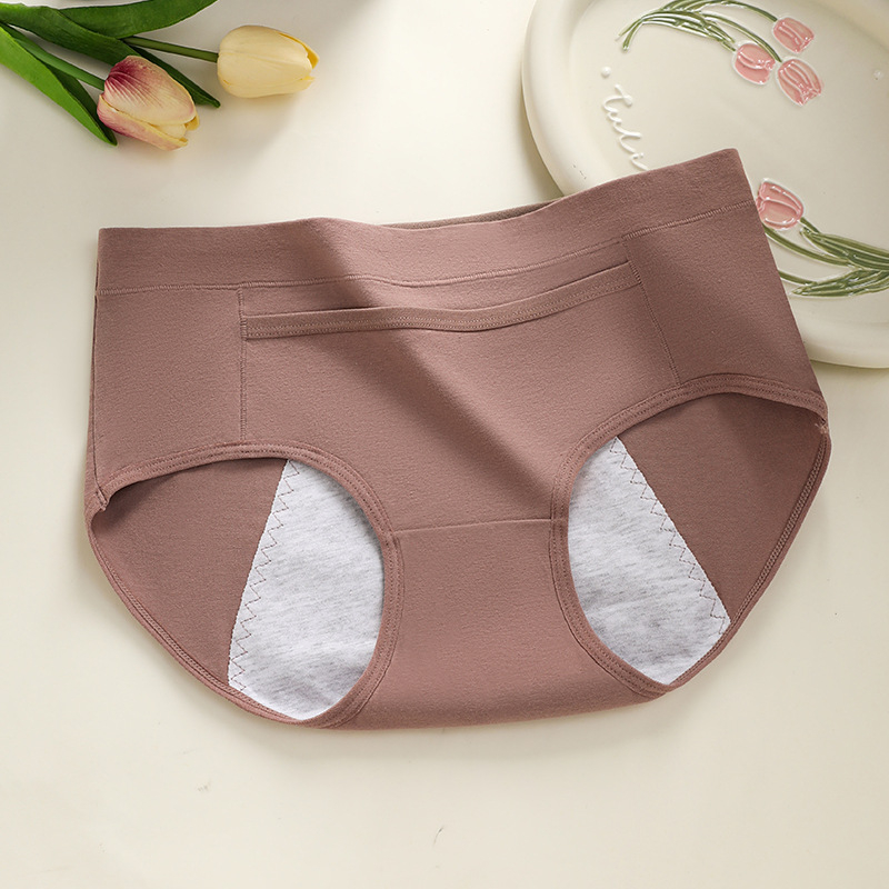 Moteriškos medvilninius menstruacijų kelnaitės, trijų sluoksnių apsauga nuo nutekėjimo, antibakterinės, vidutinio pločio liemuo; išorė 95% medvilnė, intymi danga 100% medvilnė