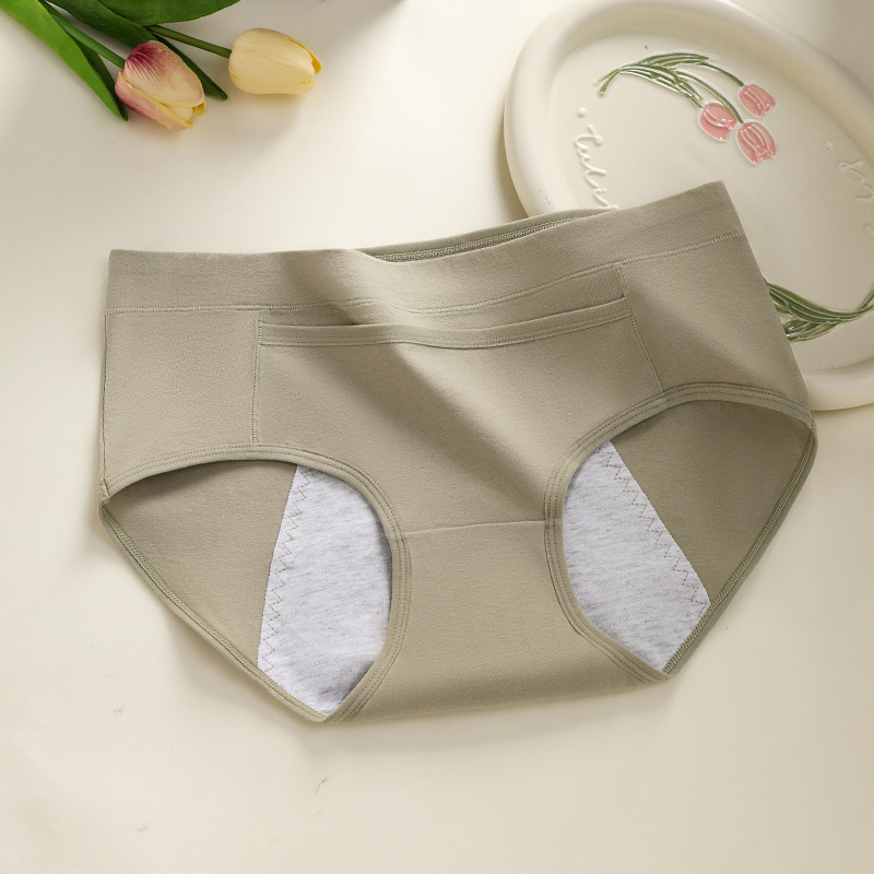 Moteriškos medvilninius menstruacijų kelnaitės, trijų sluoksnių apsauga nuo nutekėjimo, antibakterinės, vidutinio pločio liemuo; išorė 95% medvilnė, intymi danga 100% medvilnė