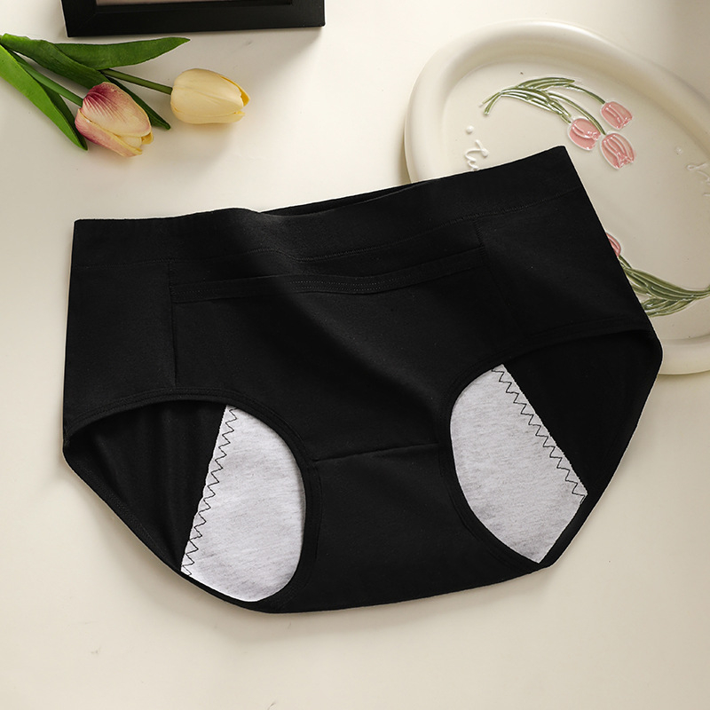 Moteriškos medvilninius menstruacijų kelnaitės, trijų sluoksnių apsauga nuo nutekėjimo, antibakterinės, vidutinio pločio liemuo; išorė 95% medvilnė, intymi danga 100% medvilnė