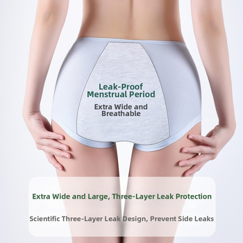 Moteriškos modalinius menstruacinius apatinius su nuotėkio apsauga, vidutinio juosmens, kvėpuojančios, drėgmę sugeriančios, odai malonios; tarpklotė medvilninė 92%, pagrindinis audinys modal (regeneruota celulozė 90%)