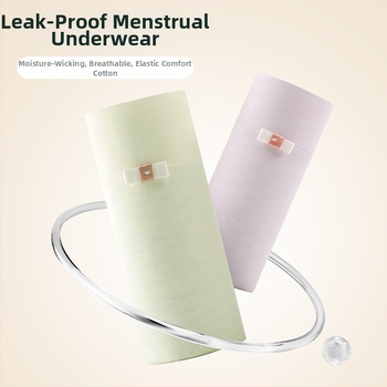 Moteriškos modalinius menstruacinius apatinius su nuotėkio apsauga, vidutinio juosmens, kvėpuojančios, drėgmę sugeriančios, odai malonios; tarpklotė medvilninė 92%, pagrindinis audinys modal (regeneruota celulozė 90%)