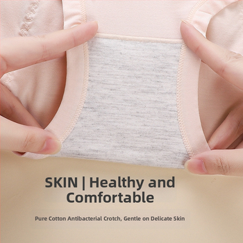 Moteriškos modalinius menstruacinius apatinius su nuotėkio apsauga, vidutinio juosmens, kvėpuojančios, drėgmę sugeriančios, odai malonios; tarpklotė medvilninė 92%, pagrindinis audinys modal (regeneruota celulozė 90%)