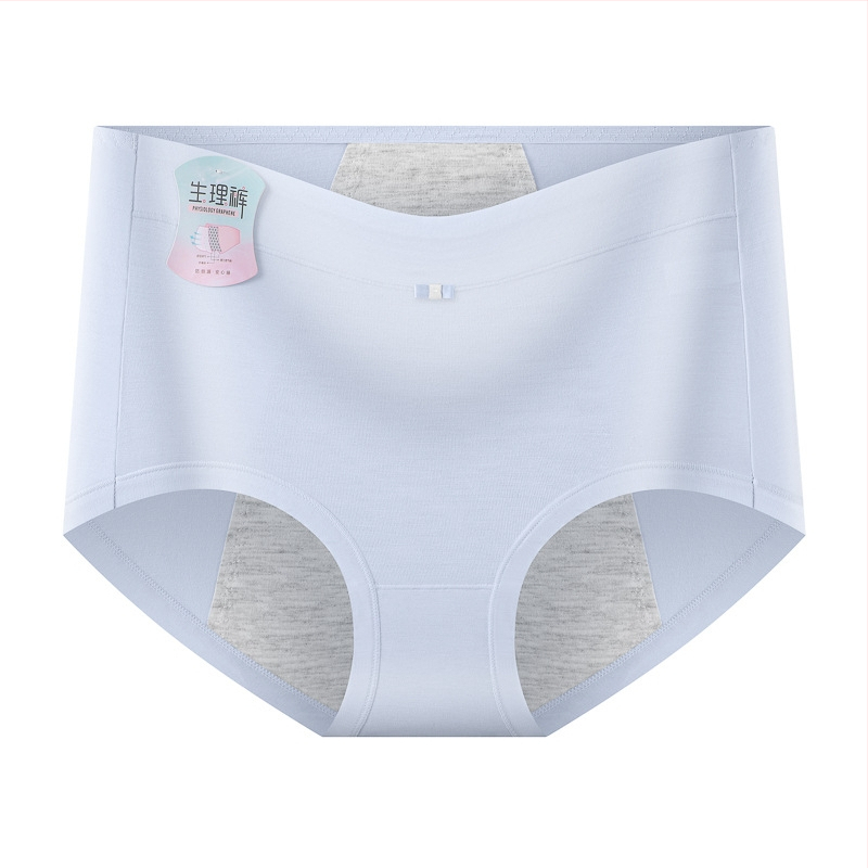 Moteriškos modalinius menstruacinius apatinius su nuotėkio apsauga, vidutinio juosmens, kvėpuojančios, drėgmę sugeriančios, odai malonios; tarpklotė medvilninė 92%, pagrindinis audinys modal (regeneruota celulozė 90%)