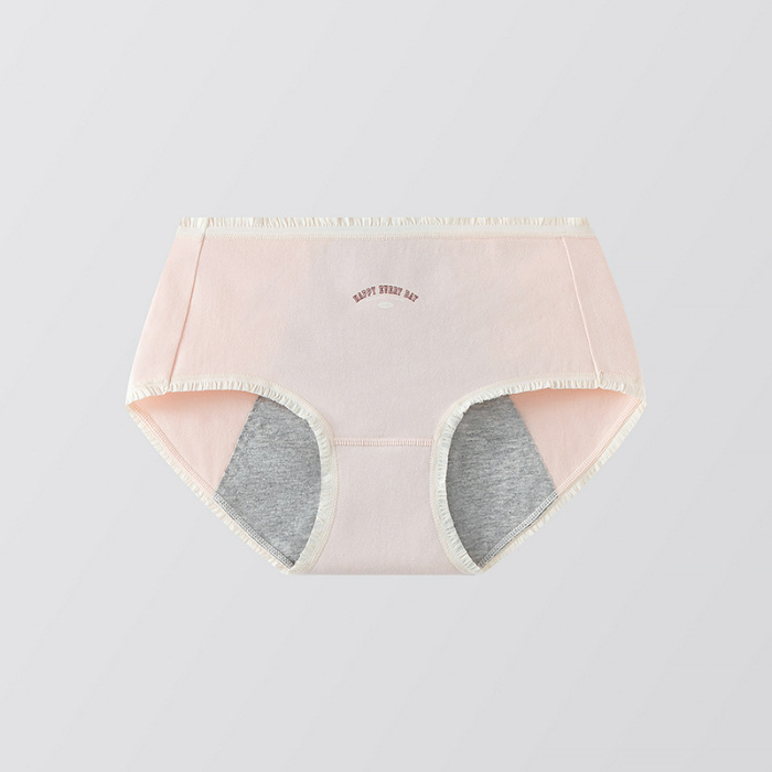 Moteriškos medvilninės menstruacijų kelnaitės su šoninio nuotėkio apsauga, pagrindinis audinys 95% medvilnė, intymi dalis 95% medvilnė, vidutinio aukščio juosmuo