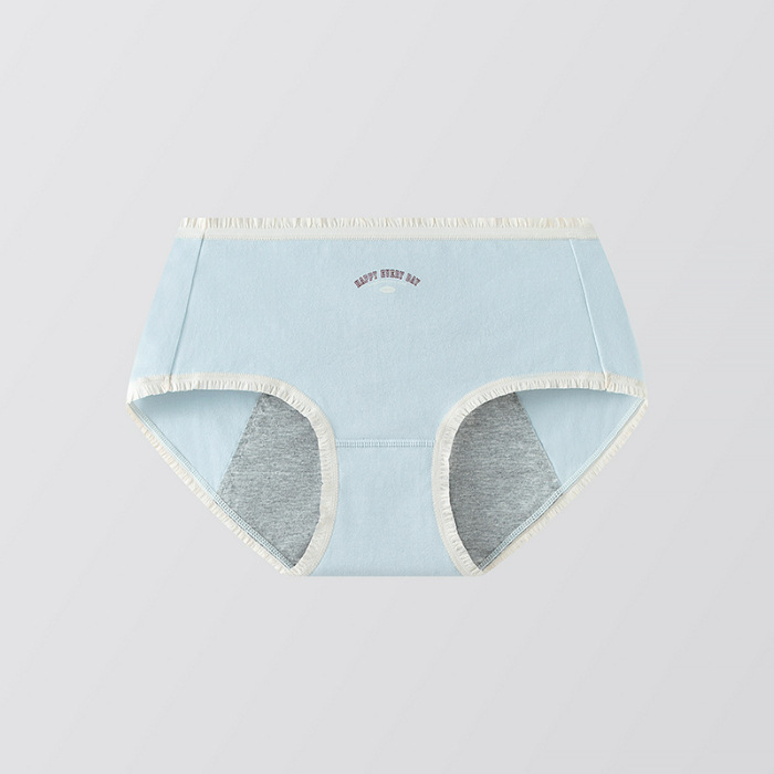 Moteriškos medvilninės menstruacijų kelnaitės su šoninio nuotėkio apsauga, pagrindinis audinys 95% medvilnė, intymi dalis 95% medvilnė, vidutinio aukščio juosmuo