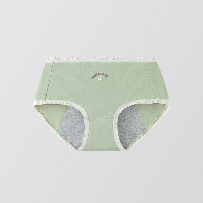 Moteriškos medvilninės menstruacijų kelnaitės su šoninio nuotėkio apsauga, pagrindinis audinys 95% medvilnė, intymi dalis 95% medvilnė, vidutinio aukščio juosmuo
