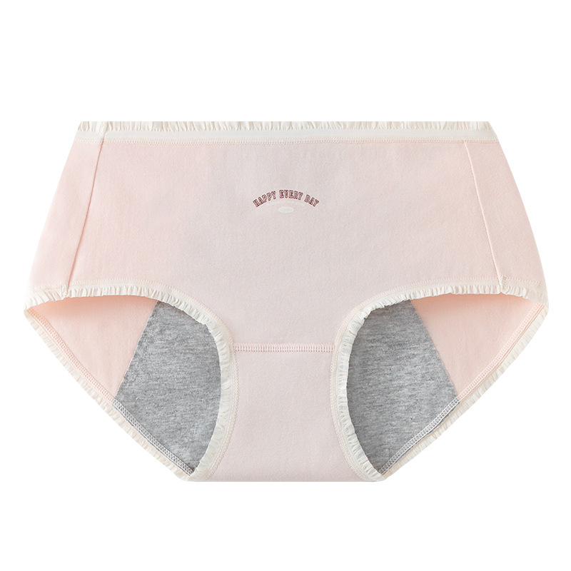 Moteriškos medvilninės menstruacijų kelnaitės su šoninio nuotėkio apsauga, pagrindinis audinys 95% medvilnė, intymi dalis 95% medvilnė, vidutinio aukščio juosmuo