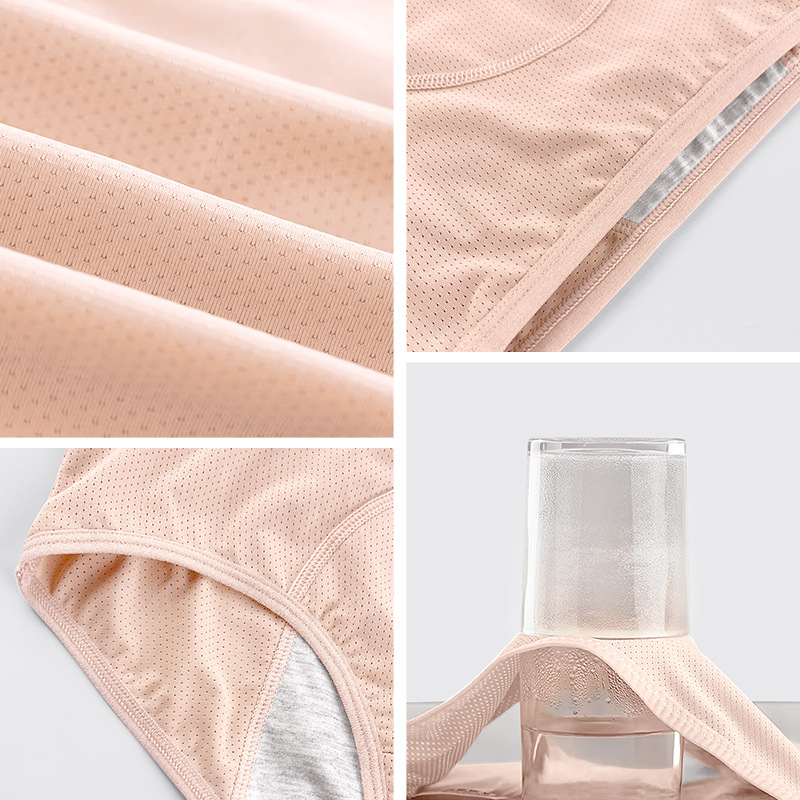 Moterų menstruaciniai apatiniai, megztas poliesterio audinys (82%), vidutinio aukščio liemuo, kvėpuojantys, nepralaidūs skysčiams, be siūlių, medvilnės įdėklas.