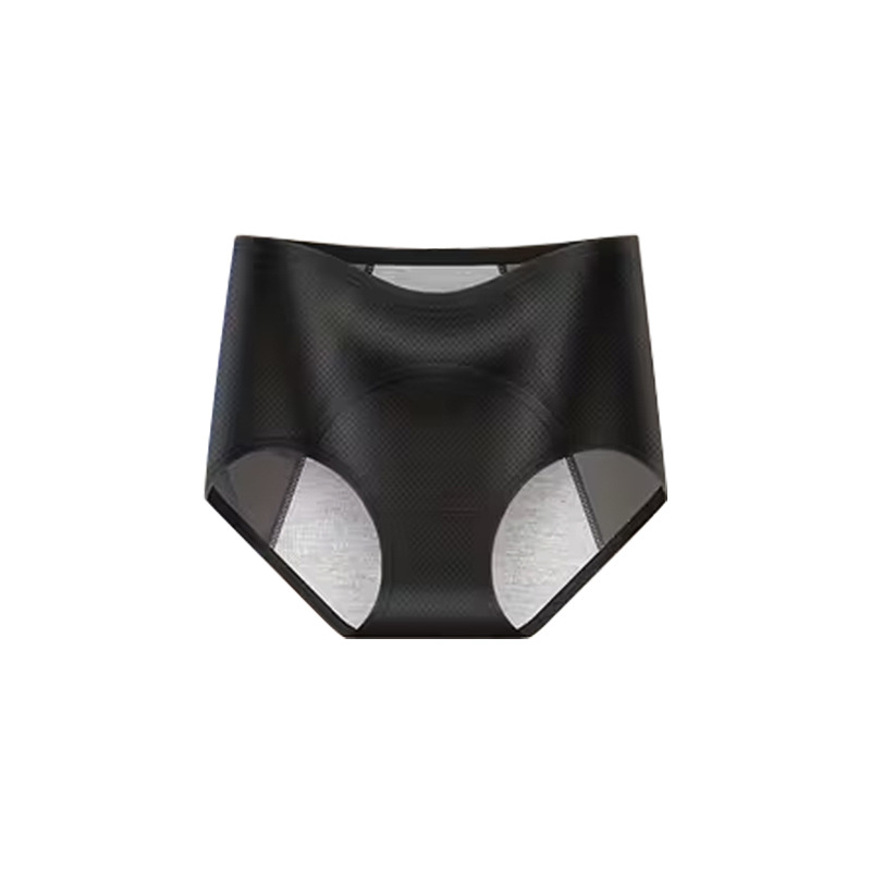 Moterų menstruaciniai apatiniai, megztas poliesterio audinys (82%), vidutinio aukščio liemuo, kvėpuojantys, nepralaidūs skysčiams, be siūlių, medvilnės įdėklas.