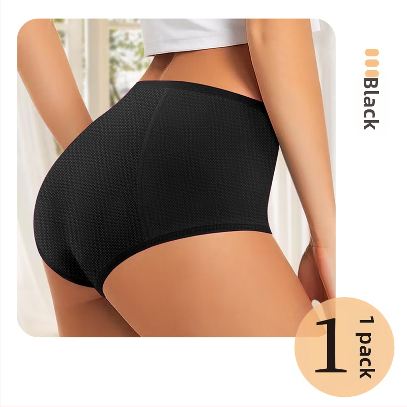 Moterų menstruaciniai apatiniai, megztas poliesterio audinys (82%), vidutinio aukščio liemuo, kvėpuojantys, nepralaidūs skysčiams, be siūlių, medvilnės įdėklas.