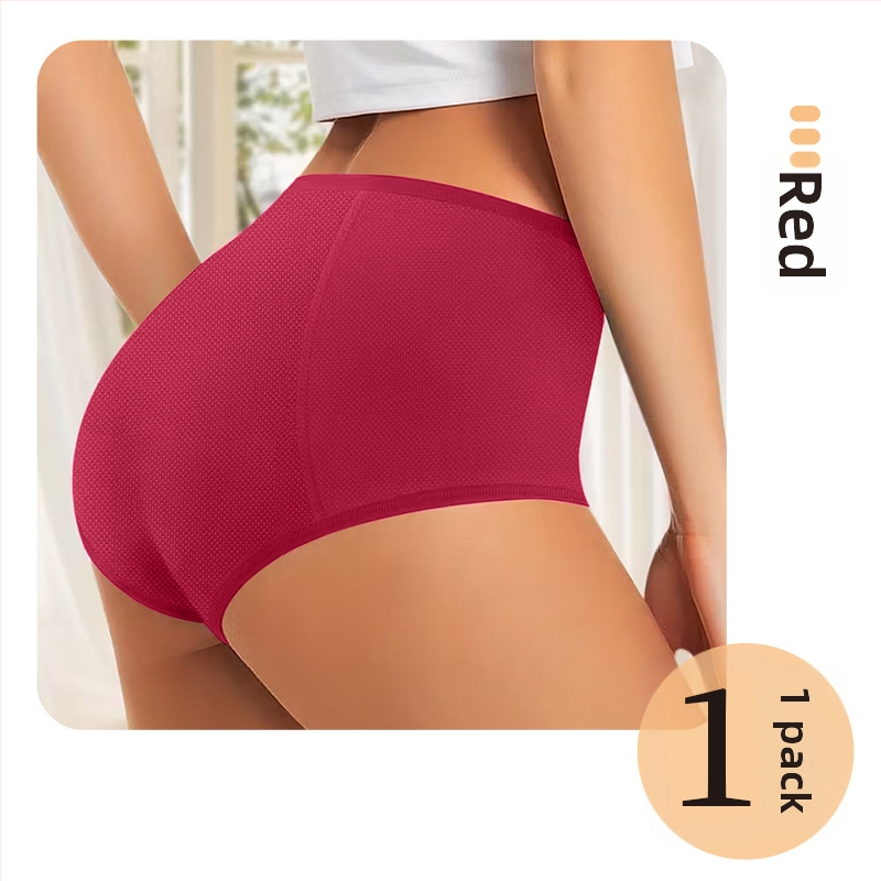 Moterų menstruaciniai apatiniai, megztas poliesterio audinys (82%), vidutinio aukščio liemuo, kvėpuojantys, nepralaidūs skysčiams, be siūlių, medvilnės įdėklas.