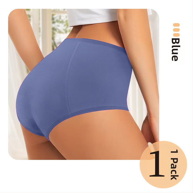 Moterų menstruaciniai apatiniai, megztas poliesterio audinys (82%), vidutinio aukščio liemuo, kvėpuojantys, nepralaidūs skysčiams, be siūlių, medvilnės įdėklas.