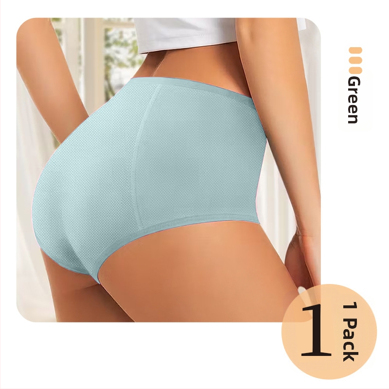 Moterų menstruaciniai apatiniai, megztas poliesterio audinys (82%), vidutinio aukščio liemuo, kvėpuojantys, nepralaidūs skysčiams, be siūlių, medvilnės įdėklas.