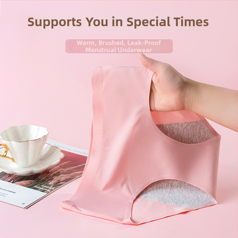 Moteriškos menstruacijų apatiniai su vidutine/aukšta juosmeniu, priekyje ir gale apsauga nuo nutekėjimo, pagrindinis audinys nailonas, tarpkojo pamušalas iš medvilnės
