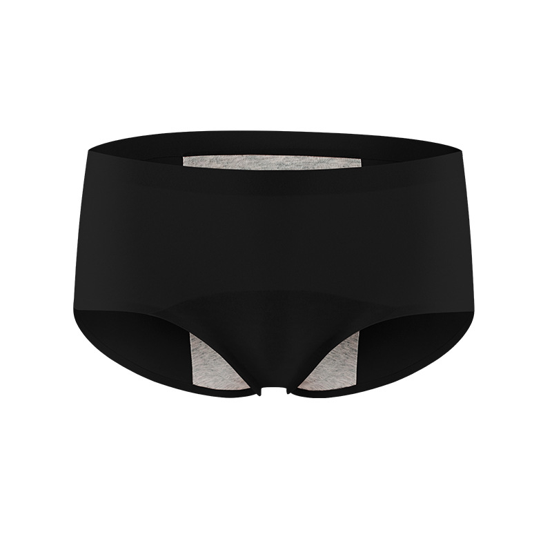 Moteriškos menstruacijų apatiniai su vidutine/aukšta juosmeniu, priekyje ir gale apsauga nuo nutekėjimo, pagrindinis audinys nailonas, tarpkojo pamušalas iš medvilnės