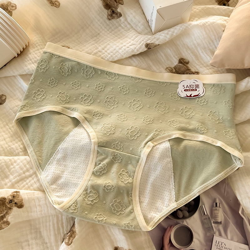 Mėnesinių apatinių drabužių moterims, vidutinio juosmens, pagrindinis audinys 95% medvilnė, tarpakičio įdaila 100% medvilnė; stilius: kelnaitės; funkcija: fiziologija.