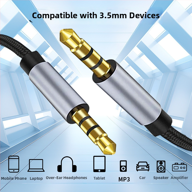 3,5 mm vīriešu–vīriešu automobiļu audio kabelis — zeltīti spraudņi, emalēts vara kodols, alumīnija sakausējuma korpuss, TPU ārējā apdare ar neilona auklu, universāla 3,5 mm saderība