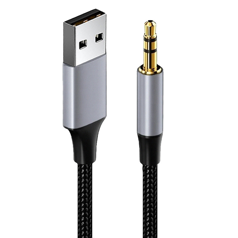 3,5 mm vyrų–vyrų automobilių garso kabelis — auksu dengti kištukai, emalėtas vario branduolys, aliuminio lydinio korpusas, TPU išorė su nailono pynimu, universalus 3,5 mm suderinamumas