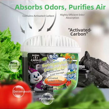 Šaldytuvo dezodorantas su aktyviuoju angliu, 120 g, 48 vnt dėžėje, kvapas žaliosios arbatos polifenoliai; pagrindinės sudedamosios dalys: augalų ekstraktai, paviršiaus aktyviosios medžiagos, geliuojančios medžiagos, arbatos polifenoliai; šalina kvapus ir p