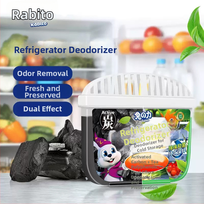 Šaldytuvo dezodorantas su aktyviuoju angliu, 120 g, 48 vnt dėžėje, kvapas žaliosios arbatos polifenoliai; pagrindinės sudedamosios dalys: augalų ekstraktai, paviršiaus aktyviosios medžiagos, geliuojančios medžiagos, arbatos polifenoliai; šalina kvapus ir p