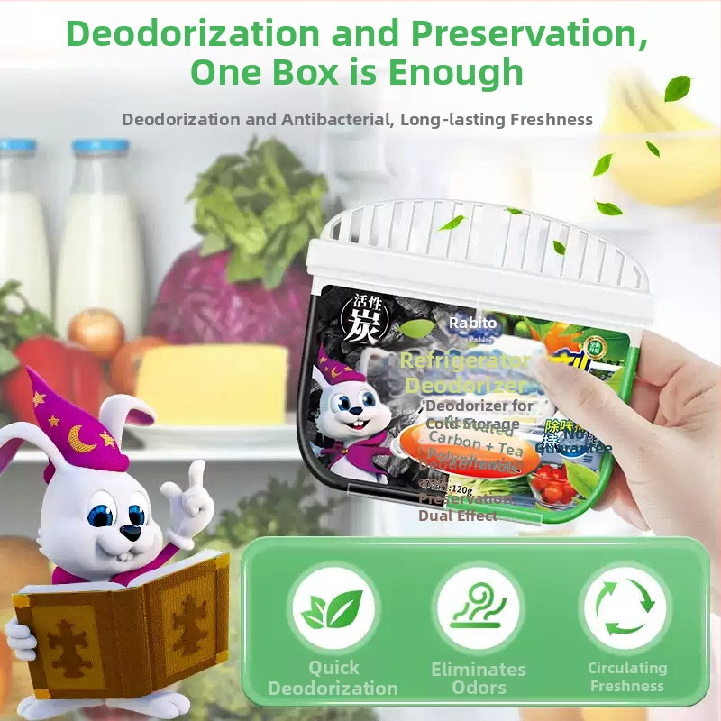 Külmiku deodorant aktiivsöega, 120 g, 48-kasti pakend; lõhn: rohelise tee polüfenoolid; peamised koostisosad: taimeekstraktid, tensiidid, geeli koostisosad, tee polüfenoolid; kõrvaldab lõhnad ja hoiab külmiku värske.