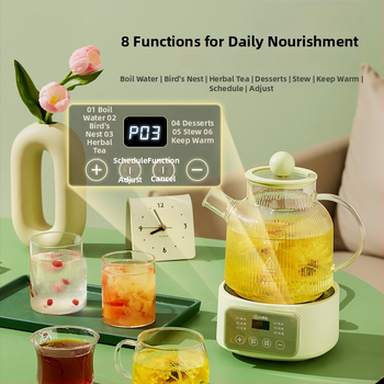 Sveikatingumo arbatinukas su stiklo korpusu, talpa 1–1,5 L, galia 500 W, įtampa 220 V, modelis BG-06 su mikrokompiuterio valdymu
