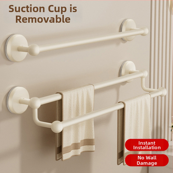 Siurbiamas rankšluosčių laikiklis vonios kambariui — be gręžimo, tvirtinamas prie sienos, su vienu arba dviem strypais, iš metalo ir ABS