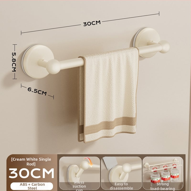 Siurbiamas rankšluosčių laikiklis vonios kambariui — be gręžimo, tvirtinamas prie sienos, su vienu arba dviem strypais, iš metalo ir ABS