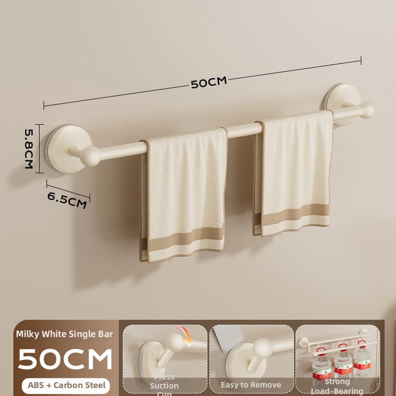 Siurbiamas rankšluosčių laikiklis vonios kambariui — be gręžimo, tvirtinamas prie sienos, su vienu arba dviem strypais, iš metalo ir ABS