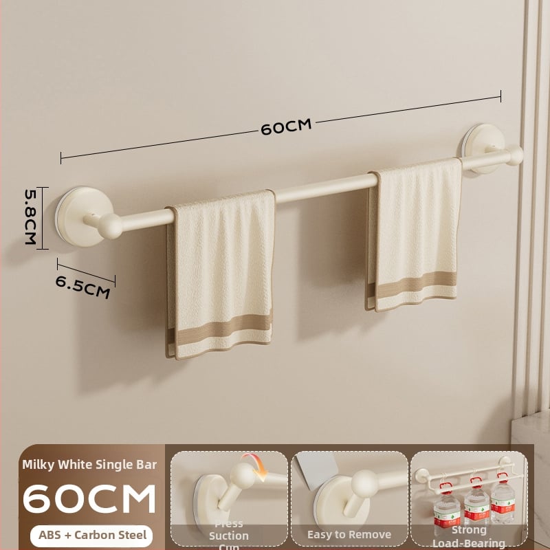 Siurbiamas rankšluosčių laikiklis vonios kambariui — be gręžimo, tvirtinamas prie sienos, su vienu arba dviem strypais, iš metalo ir ABS