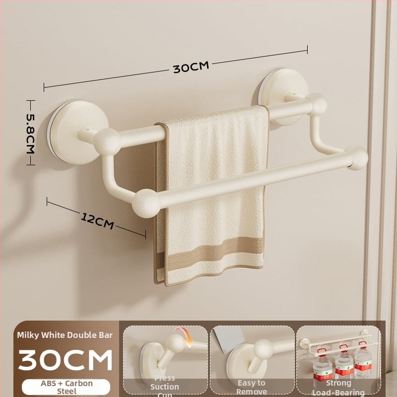 Siurbiamas rankšluosčių laikiklis vonios kambariui — be gręžimo, tvirtinamas prie sienos, su vienu arba dviem strypais, iš metalo ir ABS