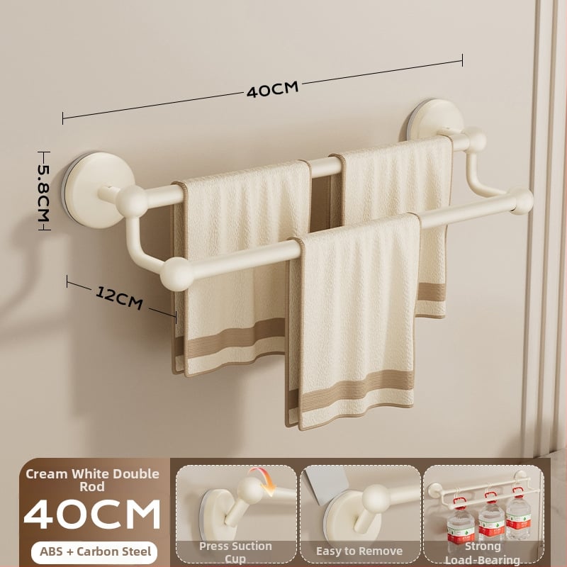 Siurbiamas rankšluosčių laikiklis vonios kambariui — be gręžimo, tvirtinamas prie sienos, su vienu arba dviem strypais, iš metalo ir ABS