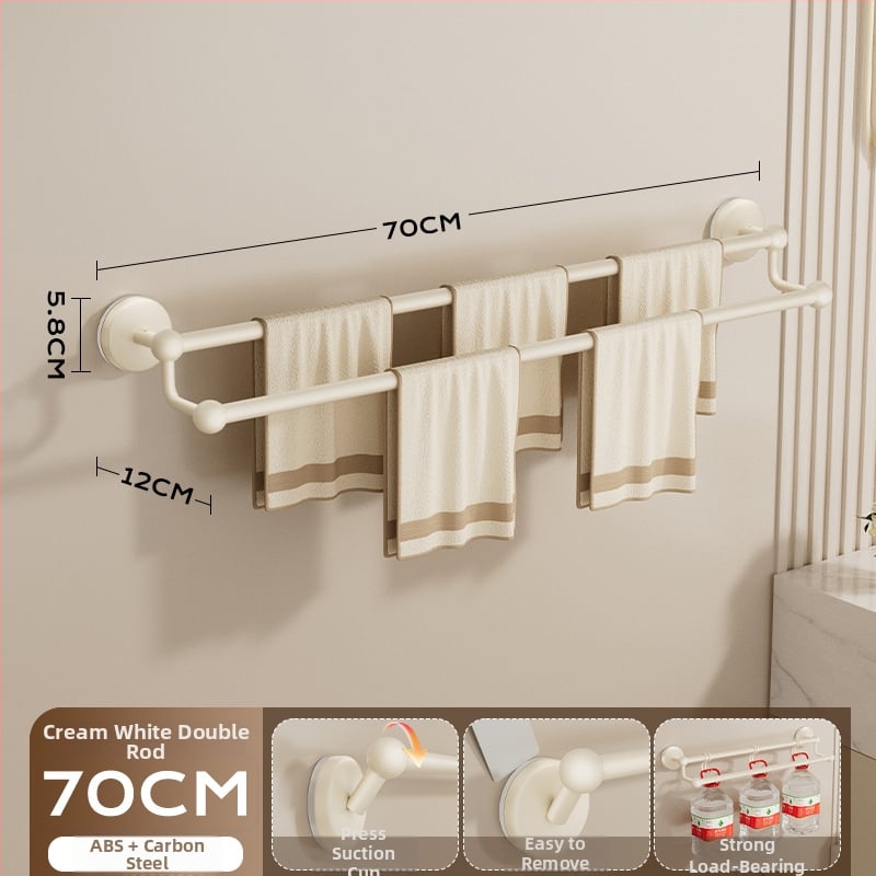 Siurbiamas rankšluosčių laikiklis vonios kambariui — be gręžimo, tvirtinamas prie sienos, su vienu arba dviem strypais, iš metalo ir ABS