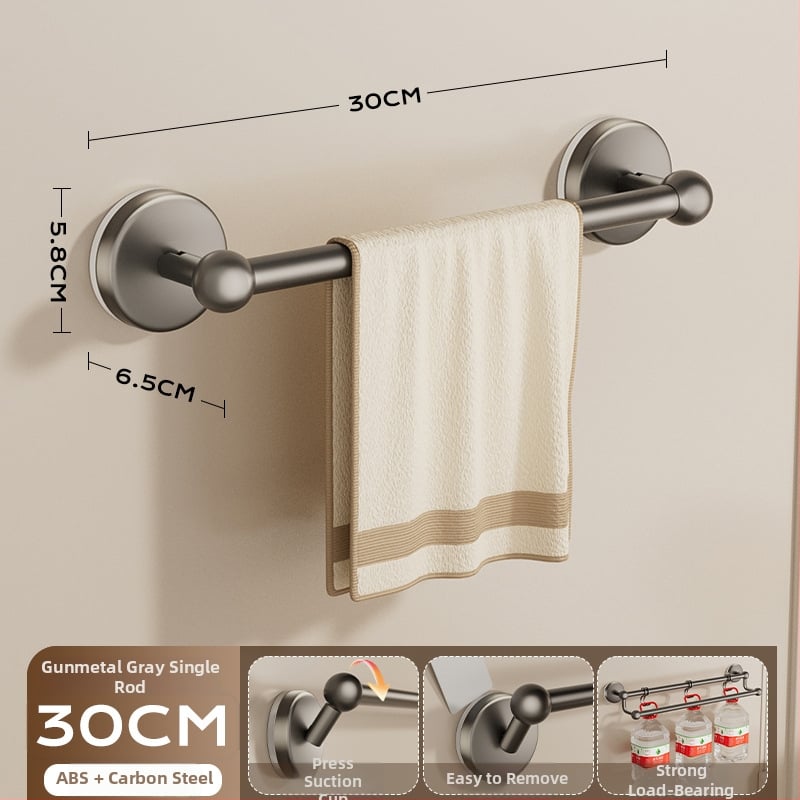 Siurbiamas rankšluosčių laikiklis vonios kambariui — be gręžimo, tvirtinamas prie sienos, su vienu arba dviem strypais, iš metalo ir ABS