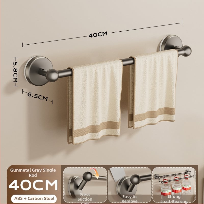 Siurbiamas rankšluosčių laikiklis vonios kambariui — be gręžimo, tvirtinamas prie sienos, su vienu arba dviem strypais, iš metalo ir ABS