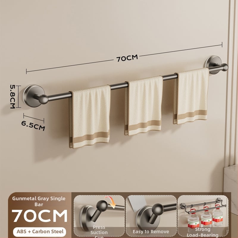 Siurbiamas rankšluosčių laikiklis vonios kambariui — be gręžimo, tvirtinamas prie sienos, su vienu arba dviem strypais, iš metalo ir ABS