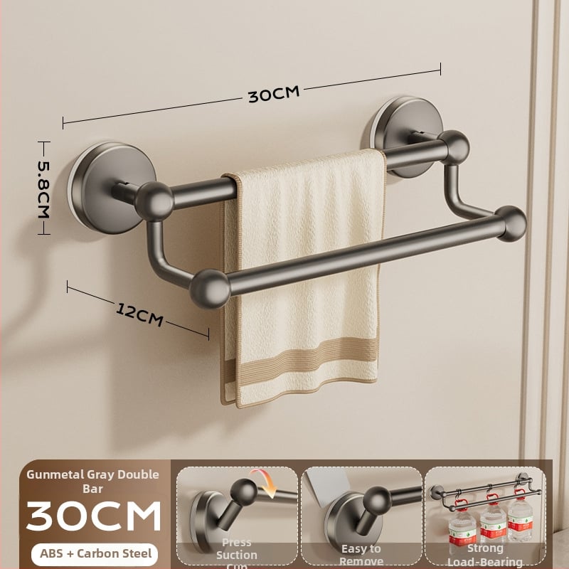 Siurbiamas rankšluosčių laikiklis vonios kambariui — be gręžimo, tvirtinamas prie sienos, su vienu arba dviem strypais, iš metalo ir ABS