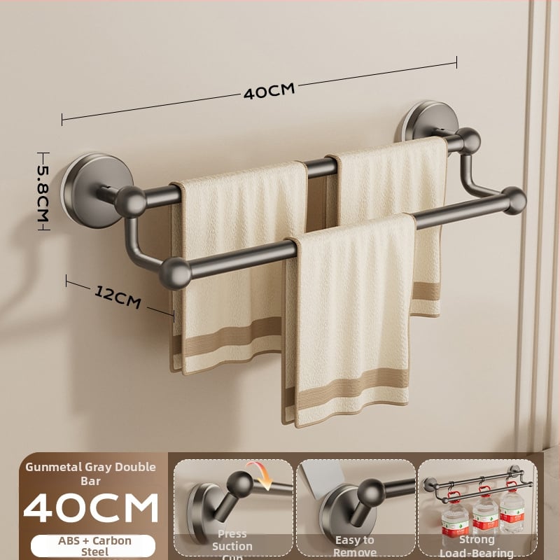 Siurbiamas rankšluosčių laikiklis vonios kambariui — be gręžimo, tvirtinamas prie sienos, su vienu arba dviem strypais, iš metalo ir ABS