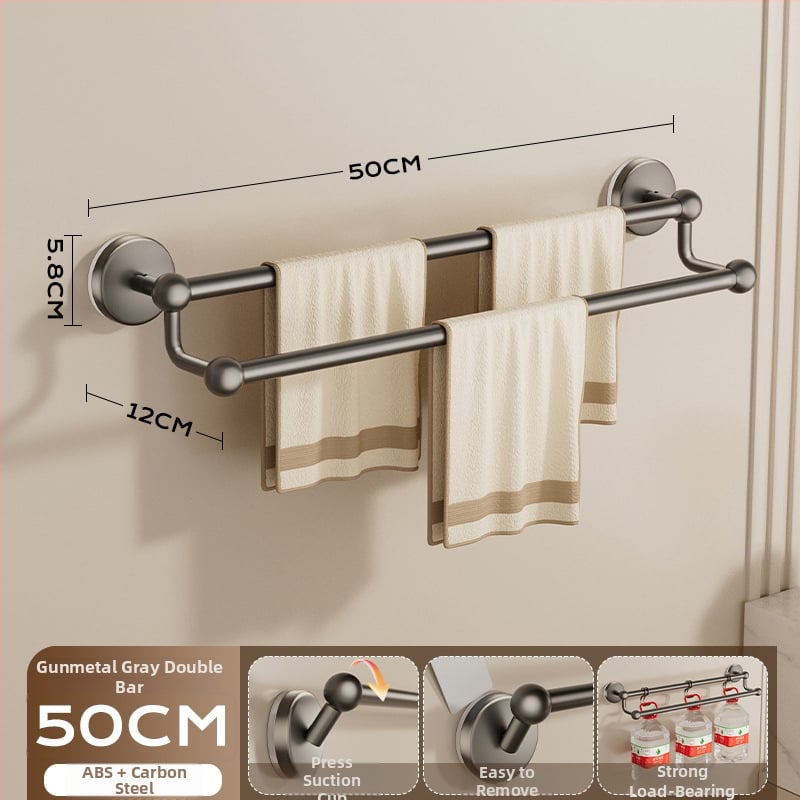 Siurbiamas rankšluosčių laikiklis vonios kambariui — be gręžimo, tvirtinamas prie sienos, su vienu arba dviem strypais, iš metalo ir ABS