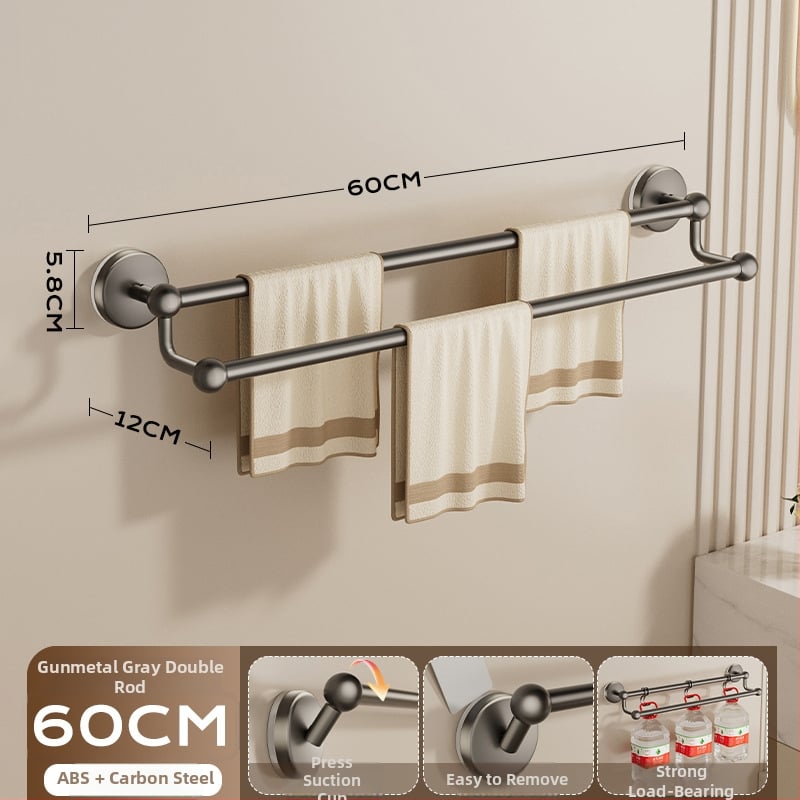 Siurbiamas rankšluosčių laikiklis vonios kambariui — be gręžimo, tvirtinamas prie sienos, su vienu arba dviem strypais, iš metalo ir ABS