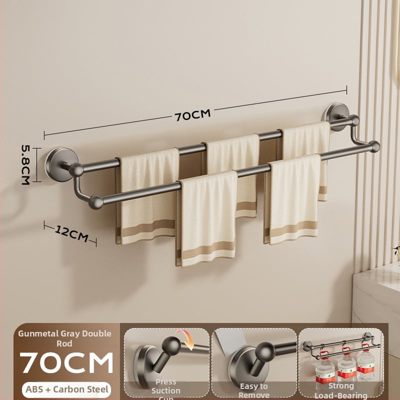 Siurbiamas rankšluosčių laikiklis vonios kambariui — be gręžimo, tvirtinamas prie sienos, su vienu arba dviem strypais, iš metalo ir ABS