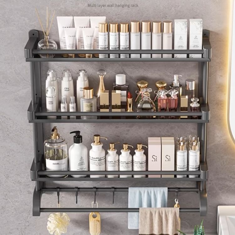 3‑sluoksnis vonios kambario lentyna iš nerūdijančio plieno su PVC danga, sieninis montavimas be gręžimo, skirta higienos priemonėms ir rankšluosčiams