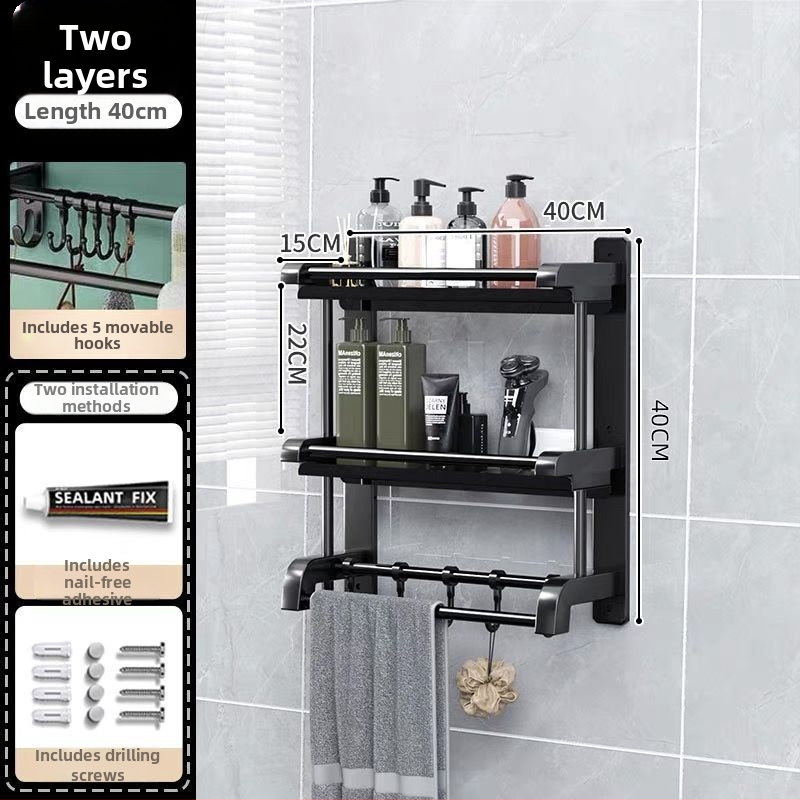 3‑sluoksnis vonios kambario lentyna iš nerūdijančio plieno su PVC danga, sieninis montavimas be gręžimo, skirta higienos priemonėms ir rankšluosčiams