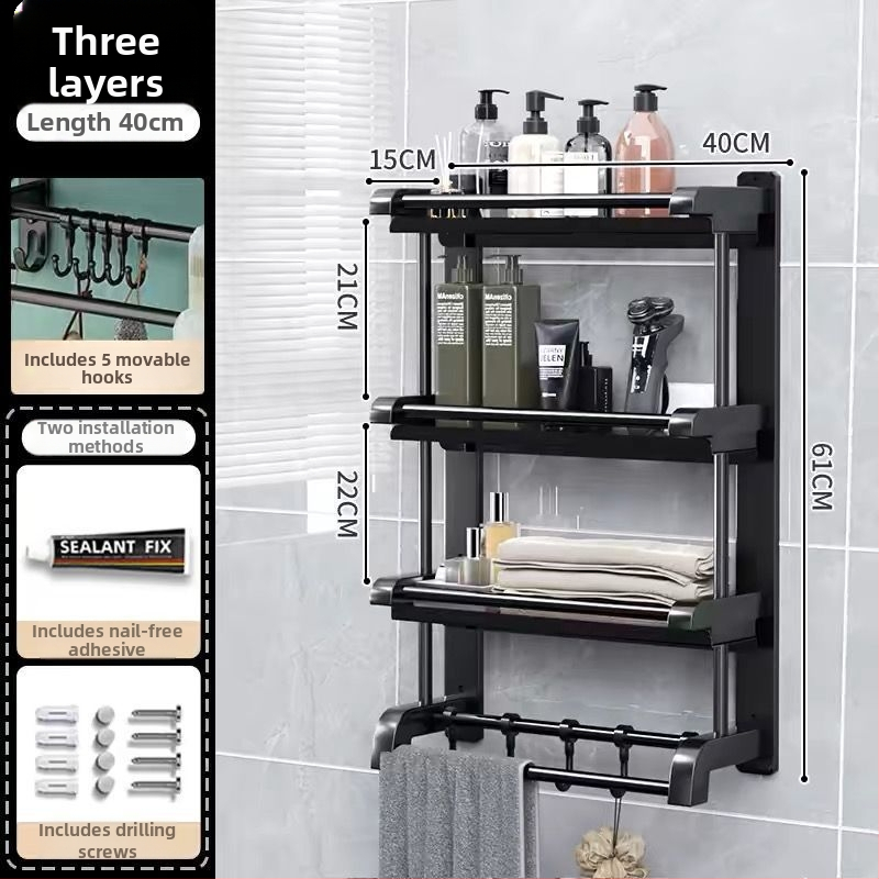 3‑sluoksnis vonios kambario lentyna iš nerūdijančio plieno su PVC danga, sieninis montavimas be gręžimo, skirta higienos priemonėms ir rankšluosčiams