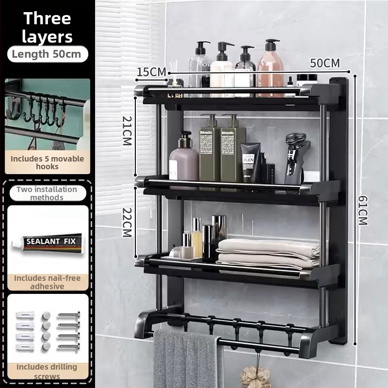 3‑sluoksnis vonios kambario lentyna iš nerūdijančio plieno su PVC danga, sieninis montavimas be gręžimo, skirta higienos priemonėms ir rankšluosčiams