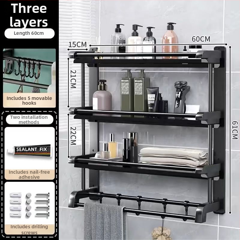 3‑sluoksnis vonios kambario lentyna iš nerūdijančio plieno su PVC danga, sieninis montavimas be gręžimo, skirta higienos priemonėms ir rankšluosčiams