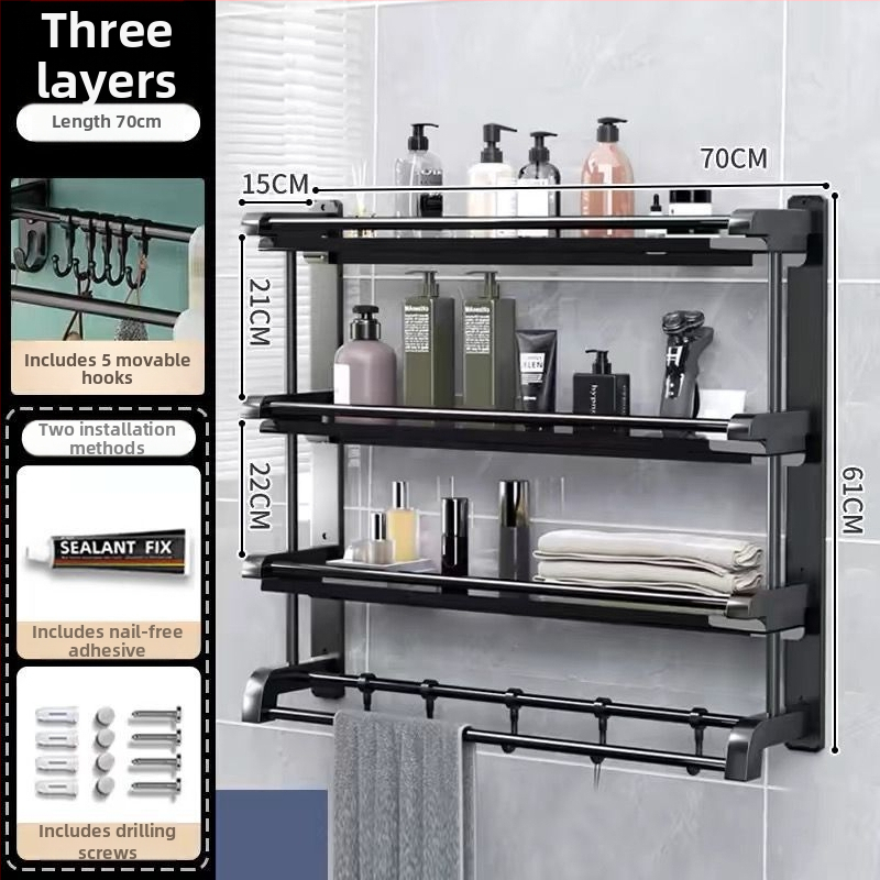 3‑sluoksnis vonios kambario lentyna iš nerūdijančio plieno su PVC danga, sieninis montavimas be gręžimo, skirta higienos priemonėms ir rankšluosčiams