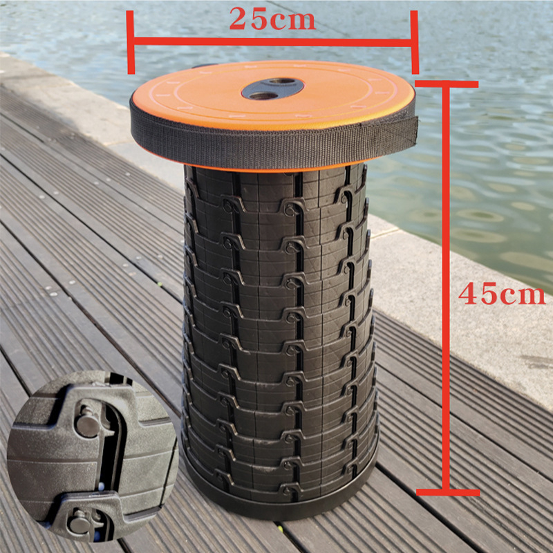 Scaun pliabil de călătorie — scaun portabil cu șezut rotund din PP plastic, rezistență până la 100 kg, greutate 980 g, pliabil